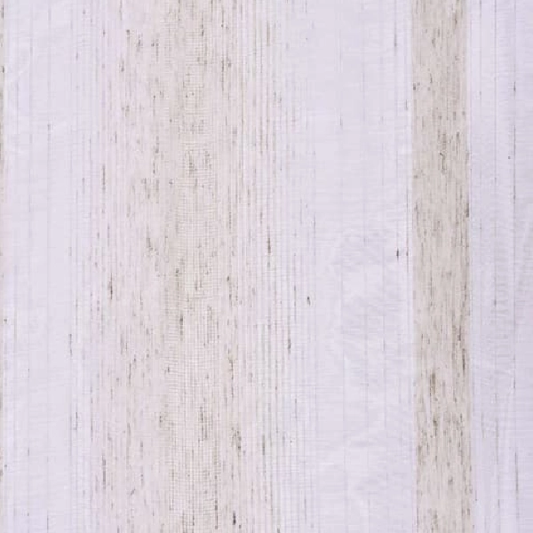 A close-up of white bedroom curtain fabric with faint vertical stripes and flecks of dark color.