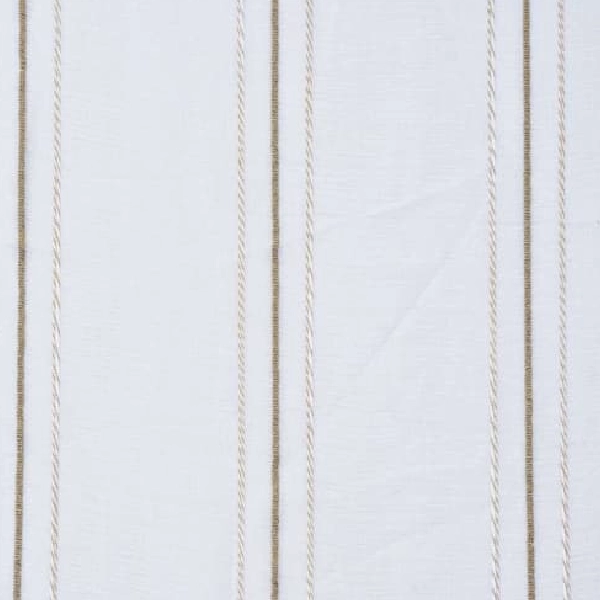 A close-up of white bedroom curtain fabric with thin brown vertical stripes.