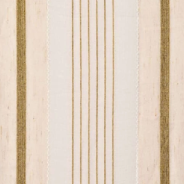 A close-up of white bedroom curtain fabric with thin gold vertical stripes in the center and wider gold stripes on the sides.