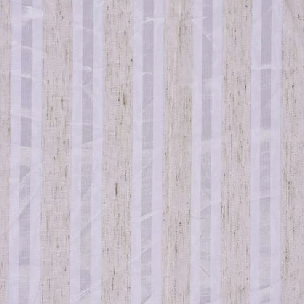 A close-up of white bedroom curtain fabric with wide, textured beige vertical stripes.
