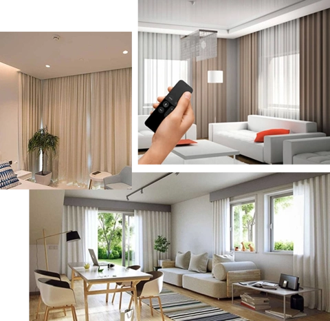 Composite image showing various indoor settings with motorized curtains