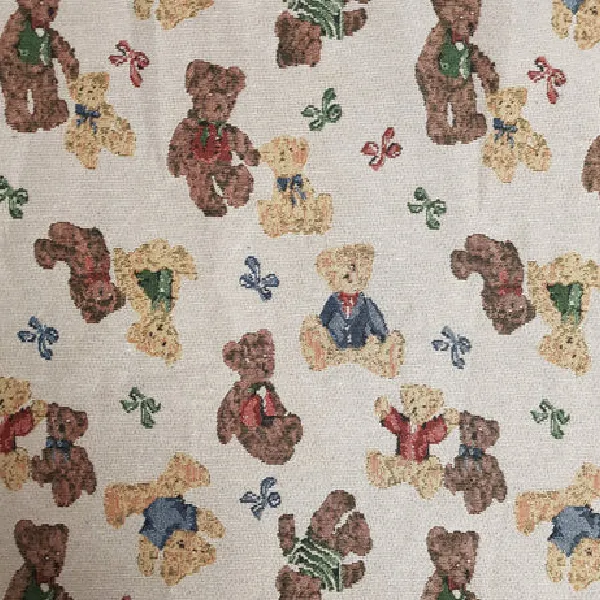 Kids curtain fabric with a pattern of teddy bears and small bow ties on a light background.