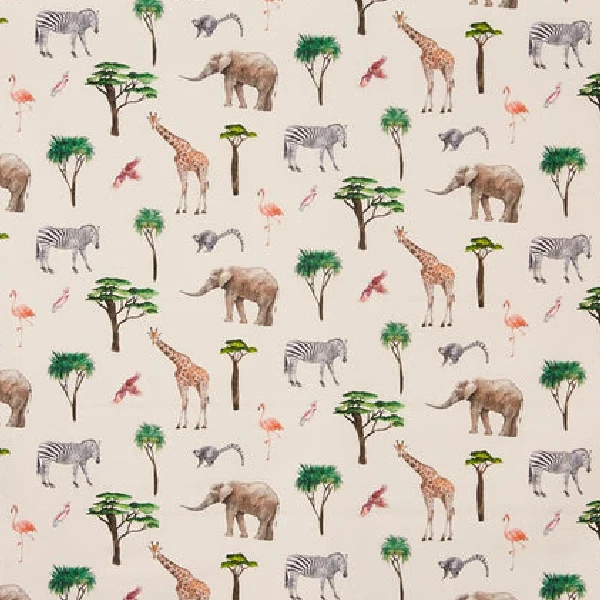 Kids curtain fabric with a safari animal pattern including elephants, giraffes, zebras, and flamingos, along with trees, on a light background.