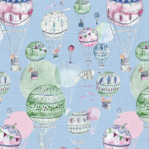 Kids curtain fabric with hot air balloons in various colors and designs on a light blue background.