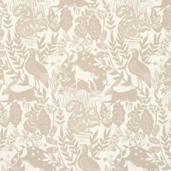 Kids curtain fabric with light brown animal and nature motifs on a cream background.