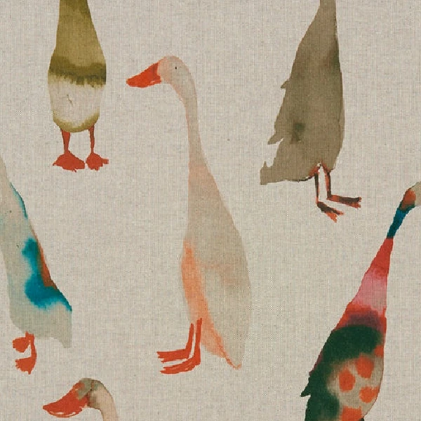 Kids curtain fabric with watercolor-style ducks and geese in various colors on a light background.