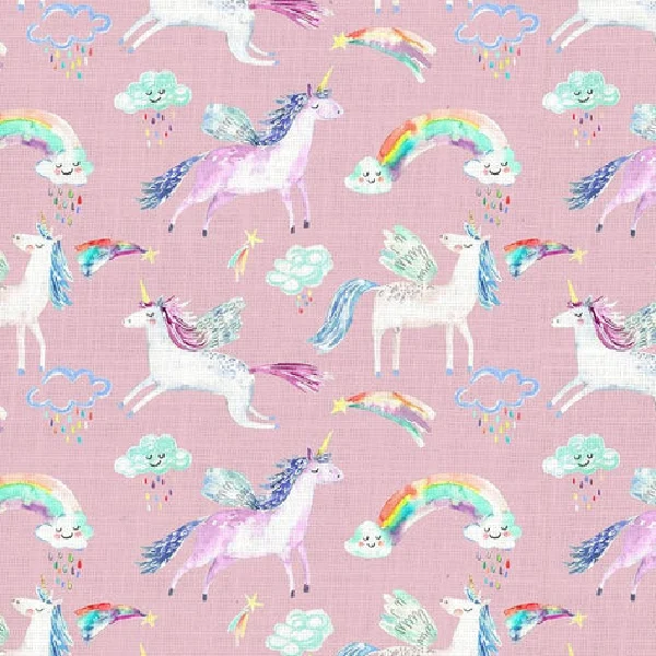 Kids curtain fabric with white and purple unicorns, rainbows, and clouds on a pink background.