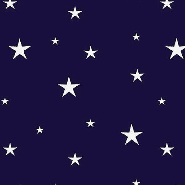 Kids curtain fabric with white stars of various sizes on a dark blue background.