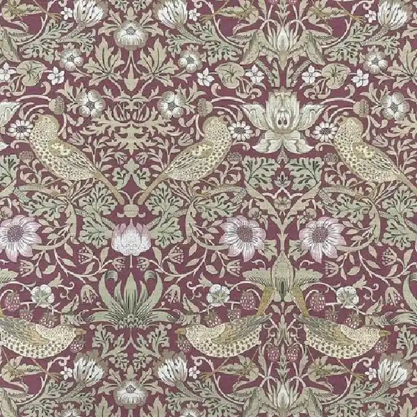 Plum and beige Morris & Co. patterned curtain.