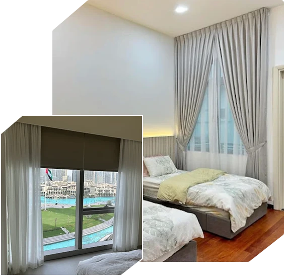Split image of a bedroom with grey curtains and a city view from a window with sheer curtains.