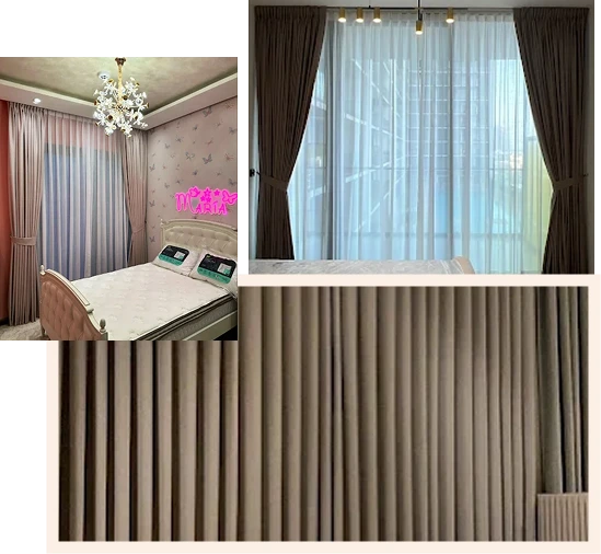 a bedroom with sheer and patterned curtains, a living room with dark brown and sheer white curtains, and a close-up of vertical pleated curtains.