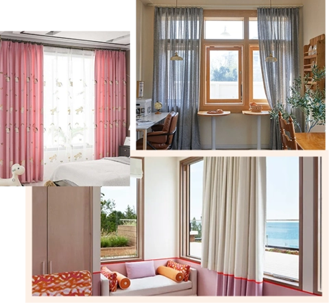 collage of three rooms, each featuring different curtain styles and window views