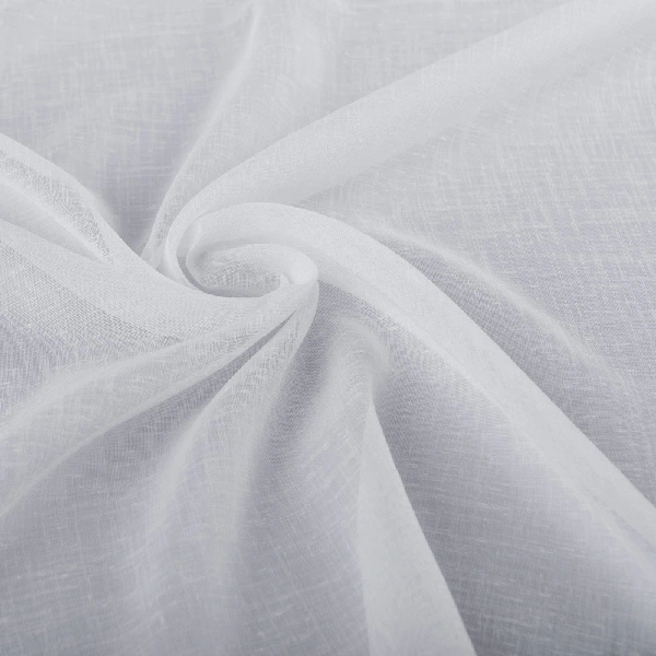 crisp white fabric draped in soft folds, revealing its sheer quality and a visible weave pattern.