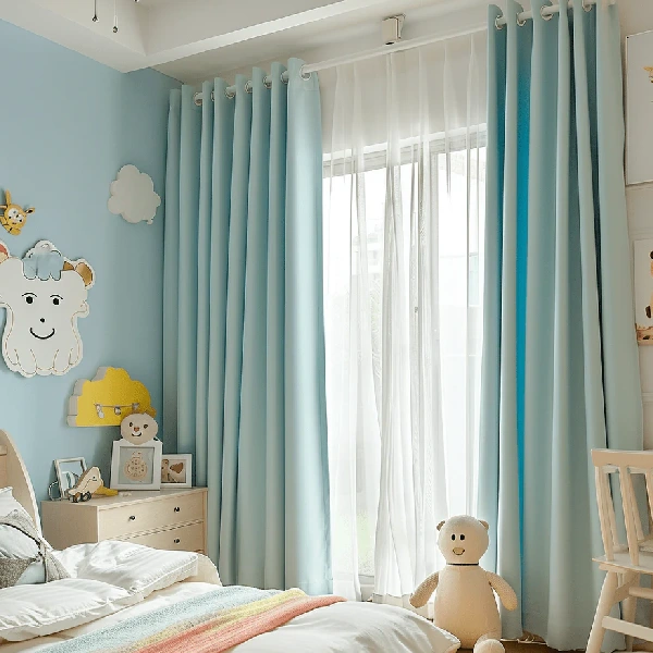 kids curtains with hot air balloons and city print.