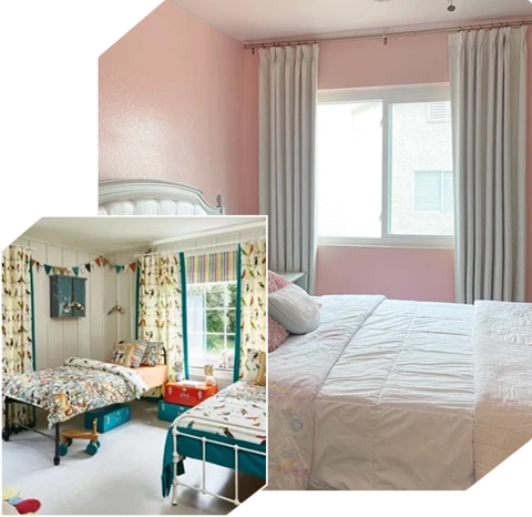 light grey curtains, and a second image of a colorful kids' room with two beds