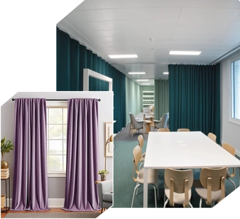 light purple soundproof curtains in a living space on the left, and a wider view of a modern office