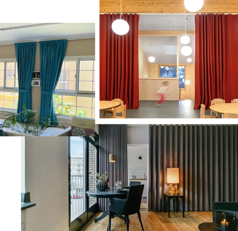 teal in a living room, red in a child's play area, and gray in a dining or living space.
