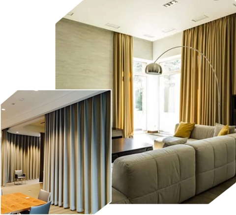 two views of motorized curtains_ a living room with golden curtains and a large window, and a room with light grey curtains and a table.