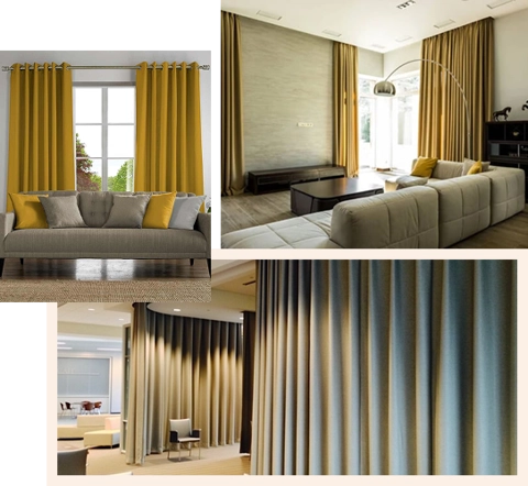 A collage of different gold and brown curtains in various rooms.