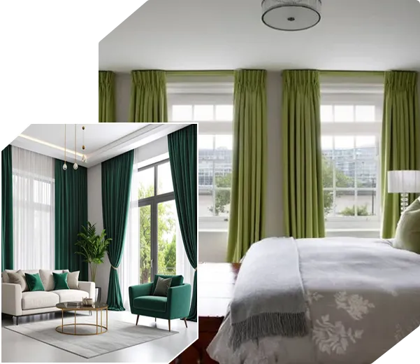 Green curtains in a bedroom and a living room.