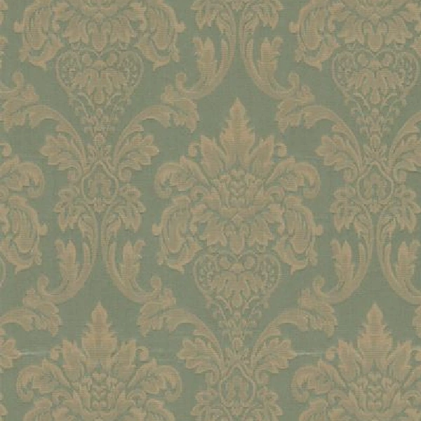 blackout curtain in muted teal with a repeating, lighter-colored damask pattern