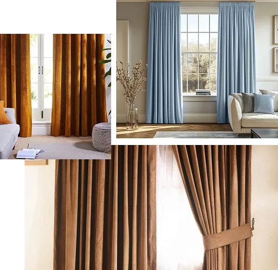 mustard yellow curtains, the top-right shows light blue curtains, and the bottom shows brown curtains.
