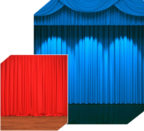 two-panel image showing a red and a blue theater curtain.